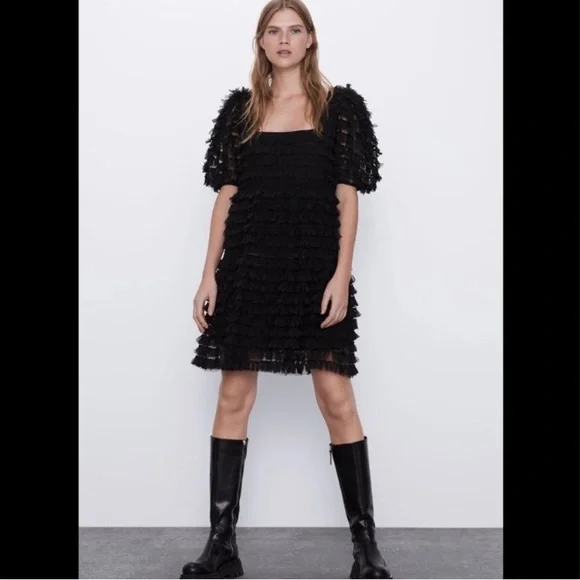 Zara | Dresses | Zara Black Tulle Fringe Dress | Poshmark Zara | Dresses | Zara Black Tulle Fringe Dress | Poshmark